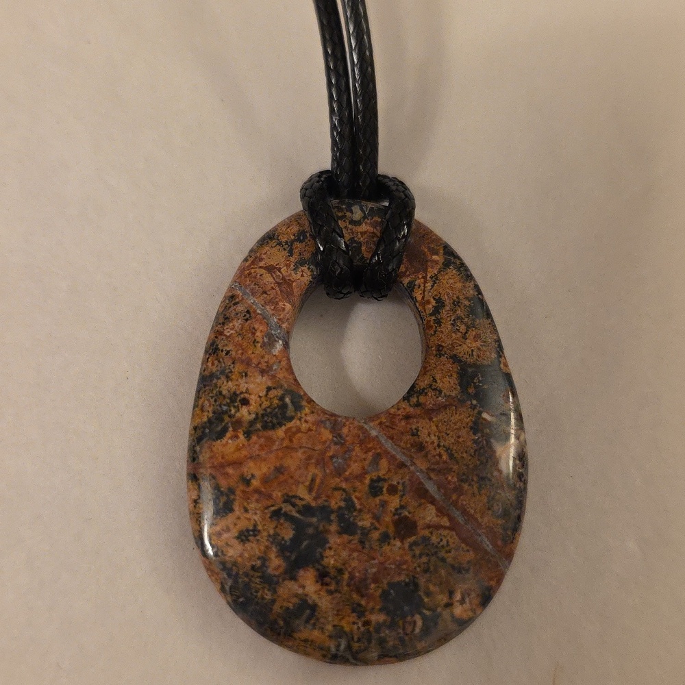 Genuine  Leopard JASPER PENDANT NECKLACE 18 INCH BLACK LEATHER ROPE CHAIN